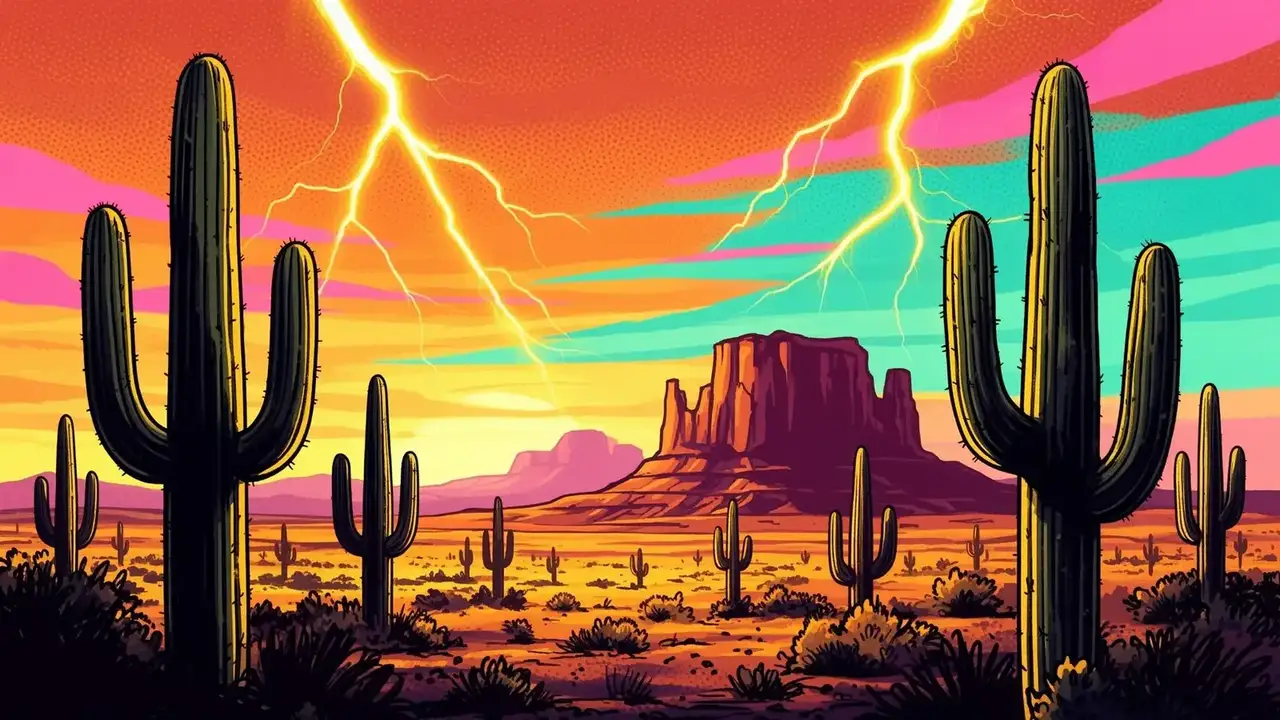 Sonoran desert at sunset with saguaro cacti and lightning