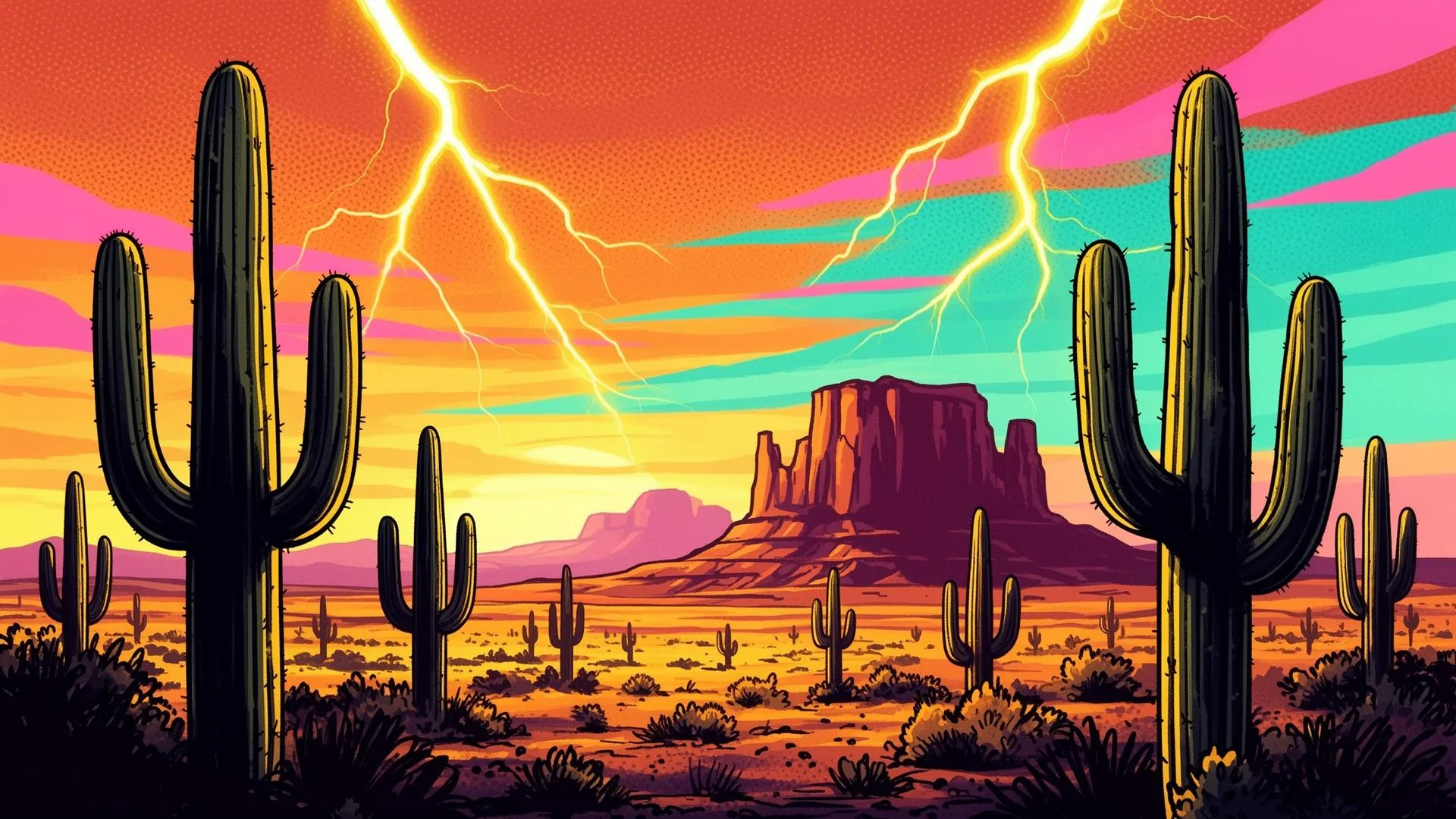 Sonoran desert at sunset with saguaro cacti and lightning